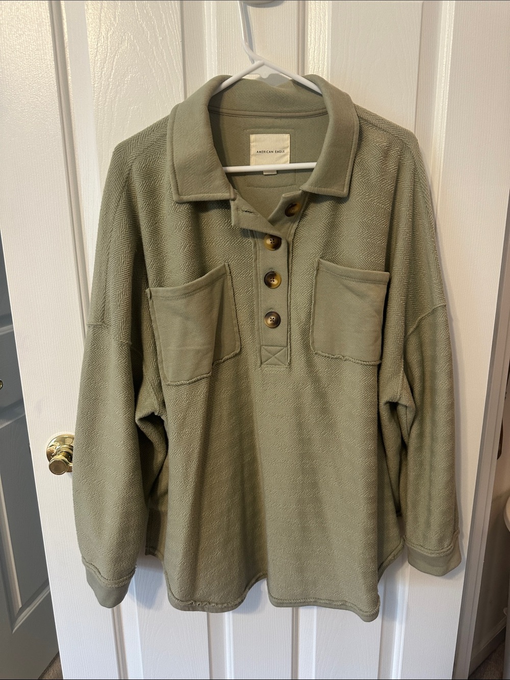American Eagle Outfitters Olive Green Button-Up Collar Pullover